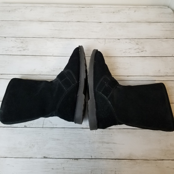 Unr8ted Rim Black Suede Leather Faux Fur Mid Calf Buckle Detail Pull On Boots - Picture 7 of 11